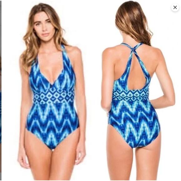La Blanca Desert Mirage One Piece Swimsuit Size 6 –‎ Blue Batik Halter Geometric - Picture 2 of 11